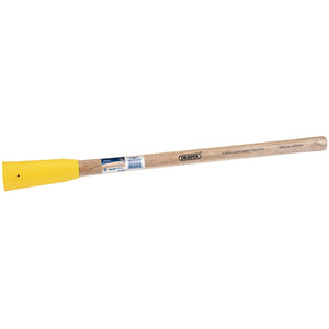 The Draper Hardwood Pick Axe And Mattock Shaft, 915mm - 215/COMS features a wooden handle with a yellow plastic blade sheath, commonly used for tools like pick axes or mattocks.