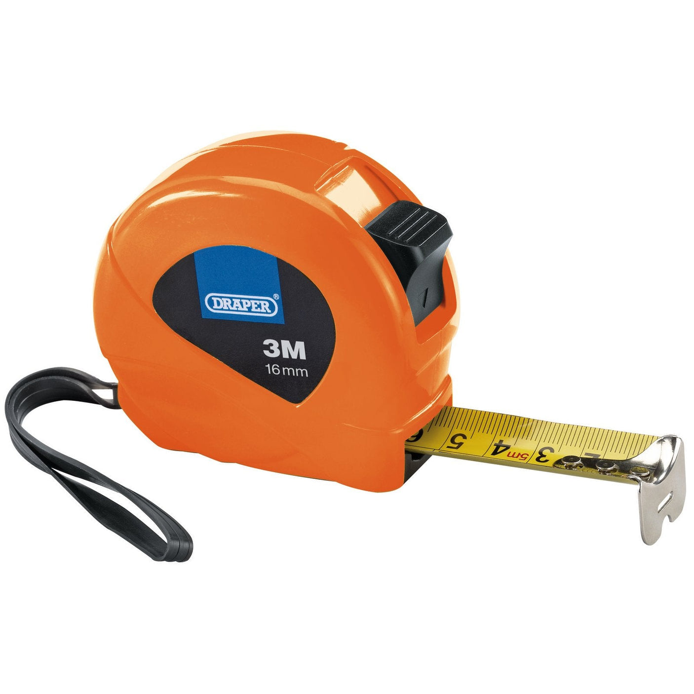 The Draper Measuring Tape, 3M/10Ft X 16mm, features an orange casing with a black wrist strap and grip. The yellow measuring tape is partially extended and housed in a durable plastic tape case. This high-precision tool adheres to EC Class II Accuracy standards for precise measurements.