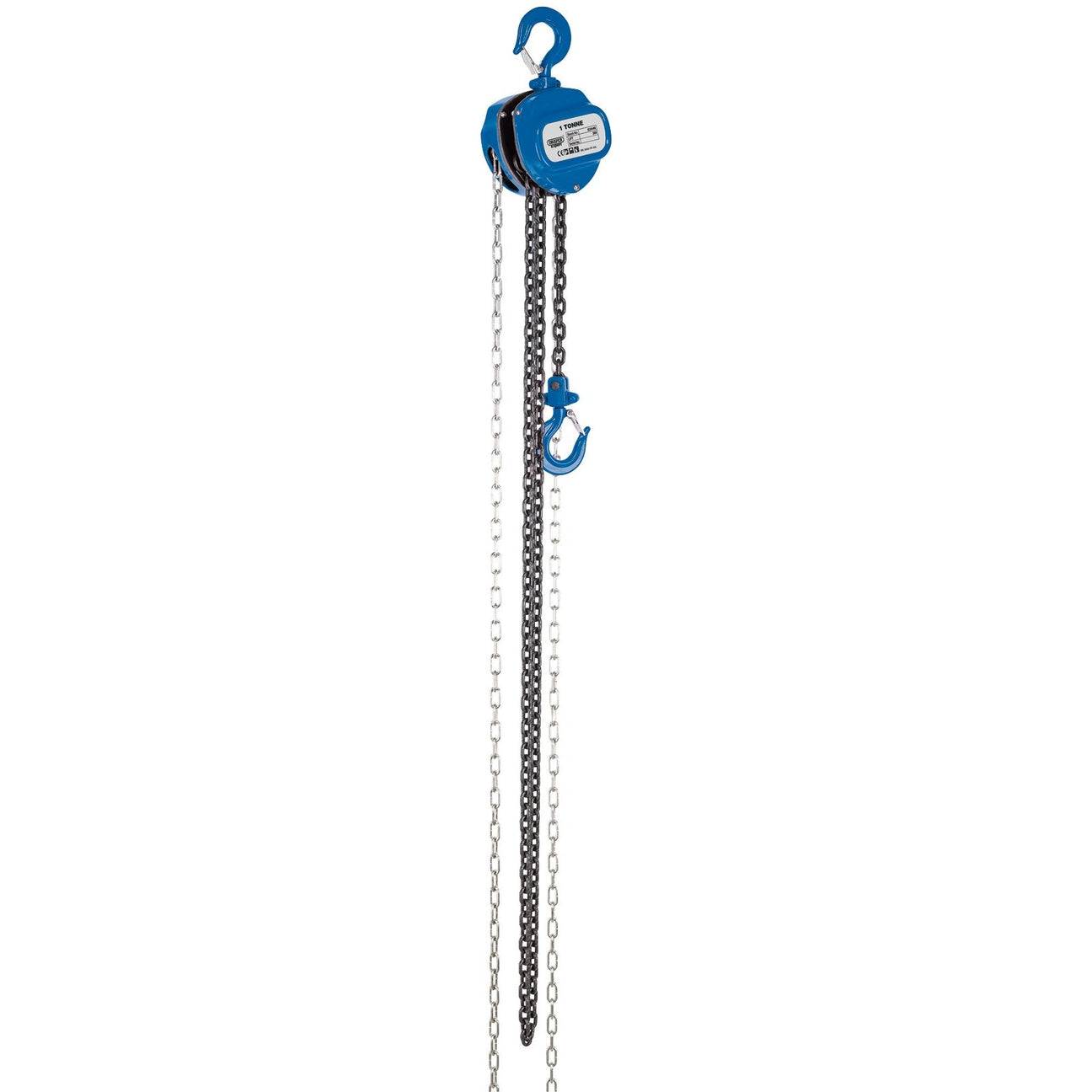 The Draper Chain Hoist/Chain Block, 1 Tonne - CH1000C comes with a durable welded chain and is equipped with hooks on both ends, featuring an extended chain length ideal for lifting heavy objects.