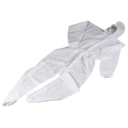 Draper Disposable Coverall - DO/A by Draper features a hooded design, white protective material, elasticated cuffs, full-length sleeves, and a front zipper closure.