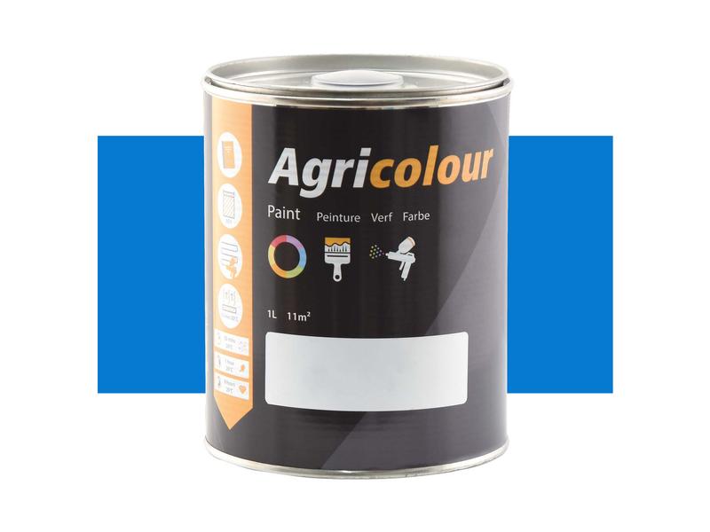 A 1-liter tin of Sparex Agricolour blue gloss paint (Sparex Part Number: S.82461) with black packaging and multilingual text, perfect for metal surface preparation, against a blue background.