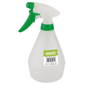 The Draper Plastic Spray Bottle, 500ML - PWS600/B features a green nozzle and trigger with a convenient trigger action spray. It is sold loose for easy use.