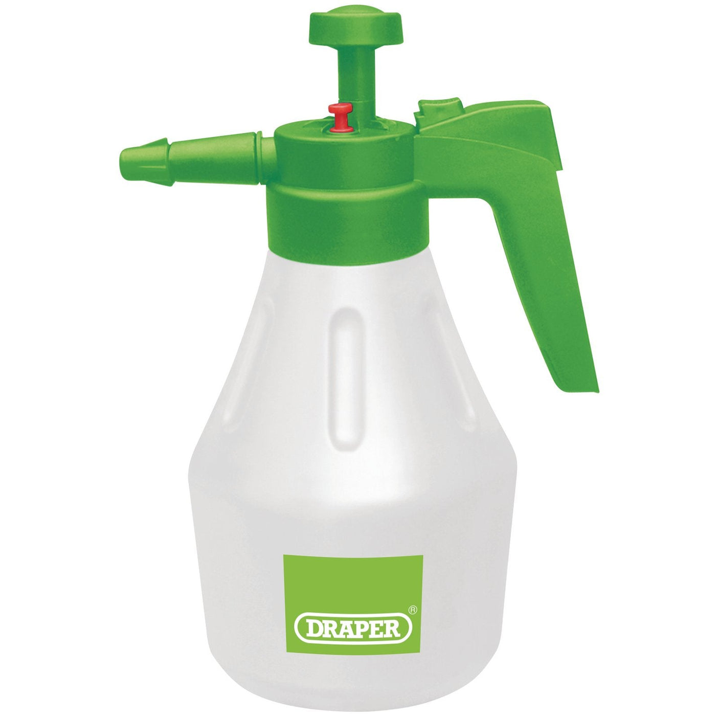 The Draper Pressure Sprayer, 1.8L - GS125/B is a white plastic spray bottle featuring a green nozzle and handle. Labeled "Draper," this handheld sprayer has a 1.8-litre capacity and is designed with pump action for easy use.