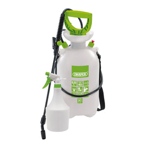 The Draper Pressure Sprayer, 6.25L, with Mini Sprayer, 1L - GS5AK/B includes a larger pump action sprayer featuring a green handle, hose, and pressure gauge, along with a smaller, lightweight handheld sprayer.