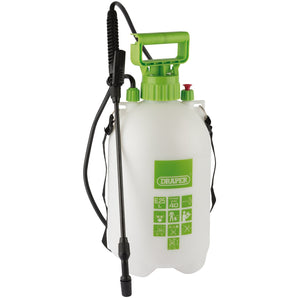 A white and green Draper Pressure Sprayer, 6.25L - PS6.25/B, featuring a shoulder strap, spray lance, and multiple usage instructions and safety symbols printed on the front. This pump-action sprayer ensures continual spraying for efficient coverage.