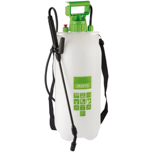 The Draper Pressure Sprayer, 10L - PS10/B is a lightweight handheld garden sprayer that comes with a hose, adjustable nozzle, and carrying strap. It is perfect for continuous spraying thanks to its dependable pump action system.