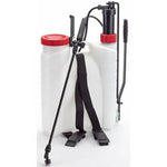 The Draper Epdm Knapsack Pressure Sprayer, model PS12/B/EPDM, is a 12-liter white sprayer with black straps, a red cap, and a black pump handle made from high-density polyethylene. It features EPDM seals and includes a long, thin nozzle.