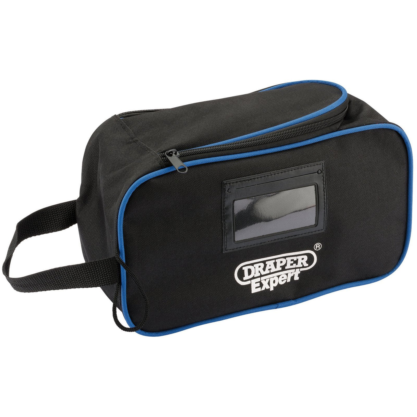 The Draper Safety Harness - HNS/F/B is a black rectangular tool bag featuring blue piping, a left-side handle, and a top zipper closure. It includes a clear window on the front with "Draper Expert" labeled in white text. Crafted from durable materials, this canvas storage bag ensures your tools are securely organized and easily accessible.