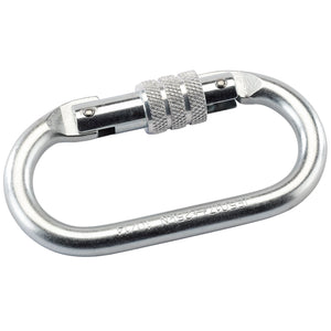 A Draper Safety Karabiner - KAR/F/B, silver and oval-shaped with a screwgate fixing mechanism and a 17mm opening, meeting EN362 Safety Specifications, displayed on a white background.