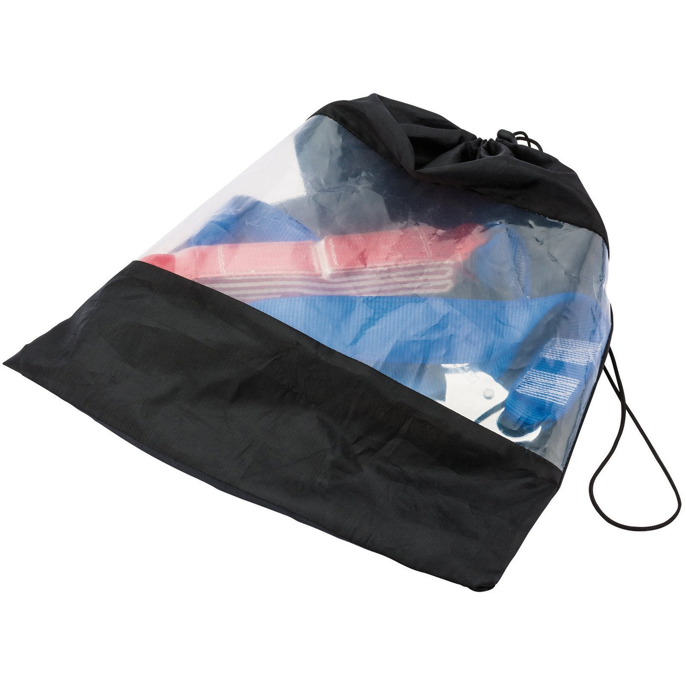 A transparent drawstring bag with a black bottom contains various items, including folded colored fabric and a small silver object, along with the Draper Fall Arrest Lanyard (2M - LA/F/B) featuring a shock-absorbing strap.