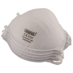 A pack of five Draper Ffp1 Nr Moulded Masks (FM-FFP1-M5) featuring certification markings, elastic straps, and an adjustable nose clip for a secure fit.