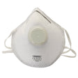 A Draper Ffp2 Nr Moulded Mask (pack of 3) - FM25/B, white in color, featuring a filtration valve, elastic ear loops, and an adjustable nose clip for added protection.