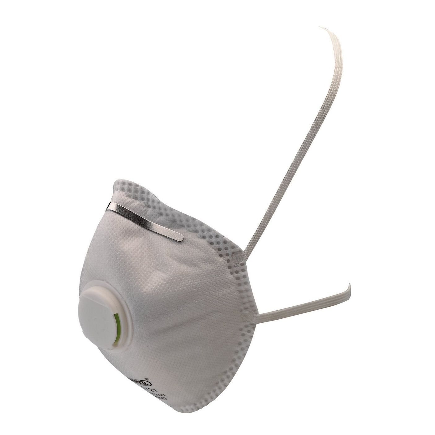 The Draper Ffp2 Nr Moulded Mask (Pack Of 10) - FM25/10/B is a white respirator mask equipped with elastic straps and an exhalation valve on the front, providing enhanced protection and exceptional comfort.