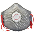 A Draper FFP2 NR Moulded Dust Mask in gray, featuring red adjustable straps and a white exhalation valve, boasts a grid-like texture for comfort. This mask complies with EN149:2001 standards for optimal protection and is part of the FM12PC/B pack of 3.