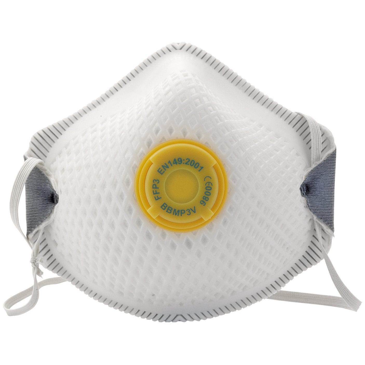 The Draper FFP3 NR Moulded Dust Masks (Pack of 2) - FM13PC/B from Draper feature a white protective design with a yellow valve at the center and grey straps on the sides, ensuring high levels of user comfort. These masks have a grid-like texture and are labeled "EN149:2001 FFP3," adhering to EN149-FFP3 specifications. They are among the best disposable facemasks available.