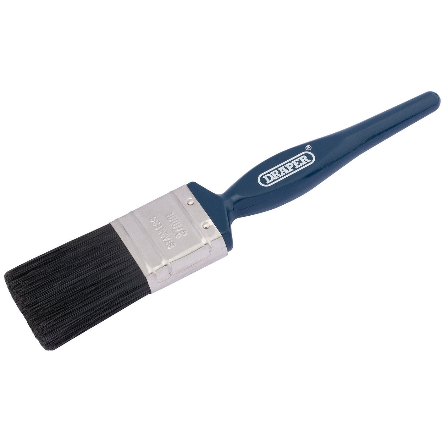 A Draper paintbrush with a blue handle, black natural bristle, and a stainless steel ferrule labeled "Draper," measuring 38mm (PB/60-40).