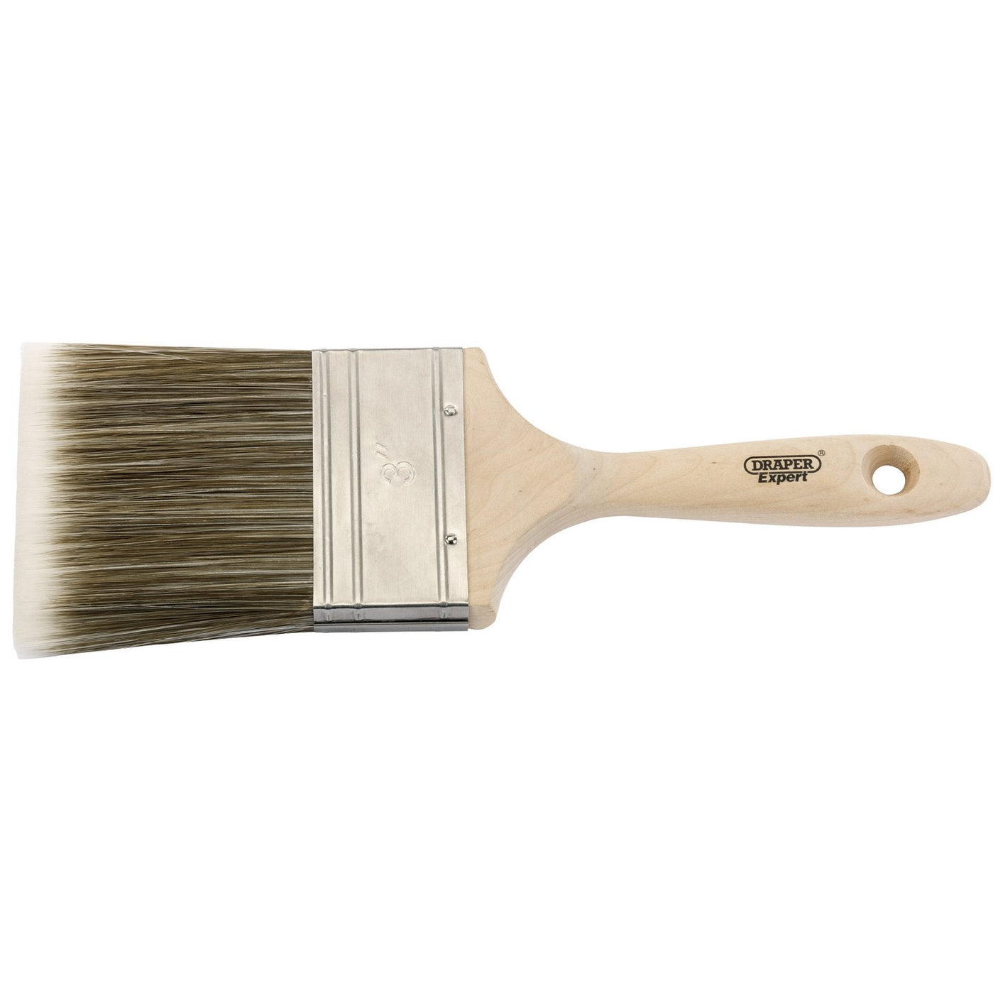 An expertly crafted Draper Paint Brush, 75mm - PB/BIR/100S, featuring a wooden handle, metal ferrule, and ultra smooth finish Technofil filaments.