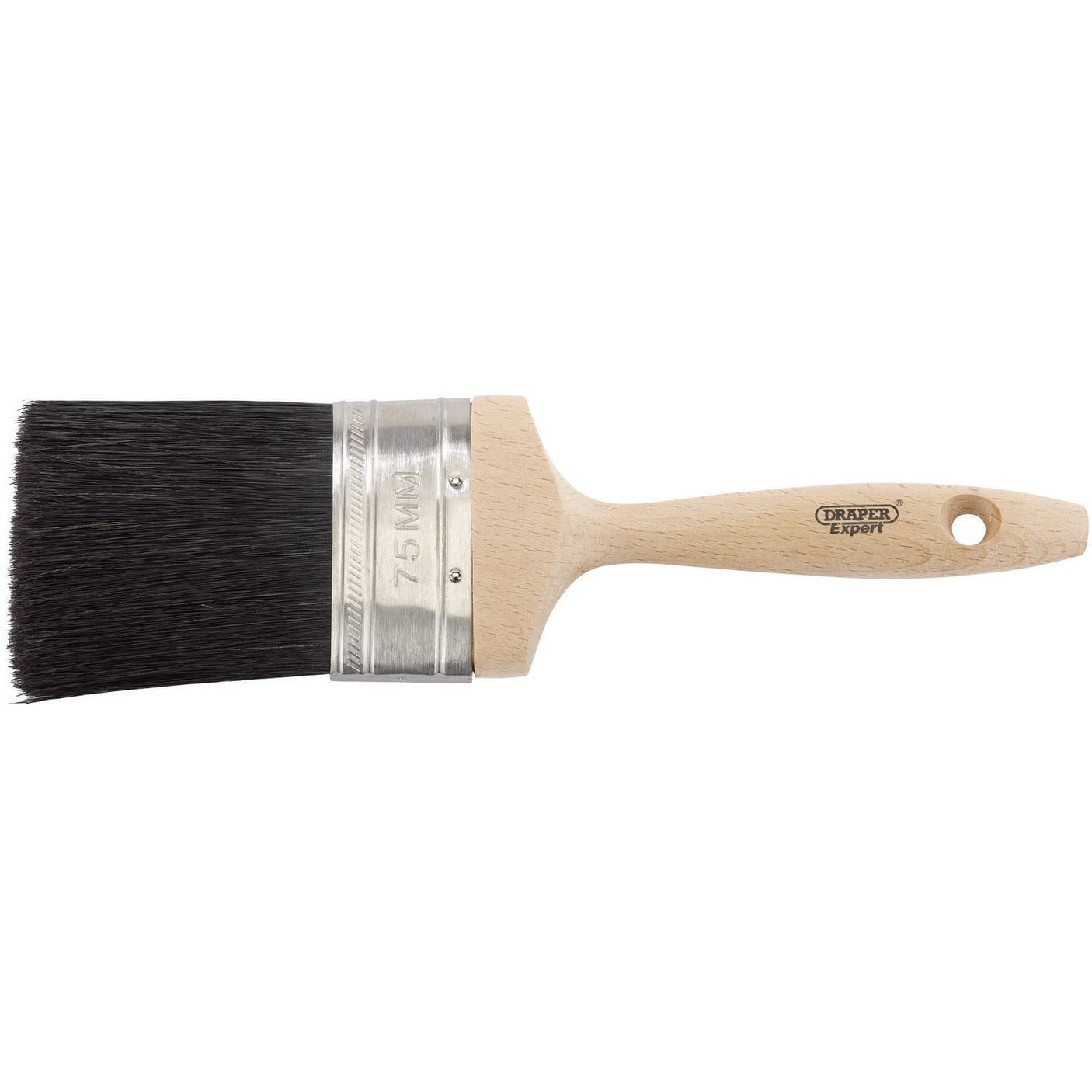 This Draper Heritage Range Paint Brush, 75mm - PB/BEE/70-30 features pure black bristles, a metal ferrule, and a wooden handle with a hole at the end for hanging. As part of Draper's Heritage Range, it ensures a smooth finish every time.