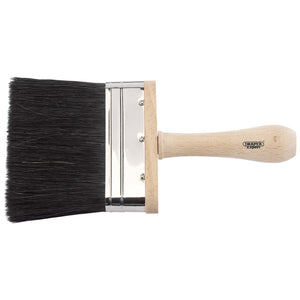 The Draper Heritage Range Preparation Dusting Brush - PB/PI, featuring a flat, wide design with a black bristle blend, a metal ferrule, and an expertly crafted curved wood handle, is shown against a white background.