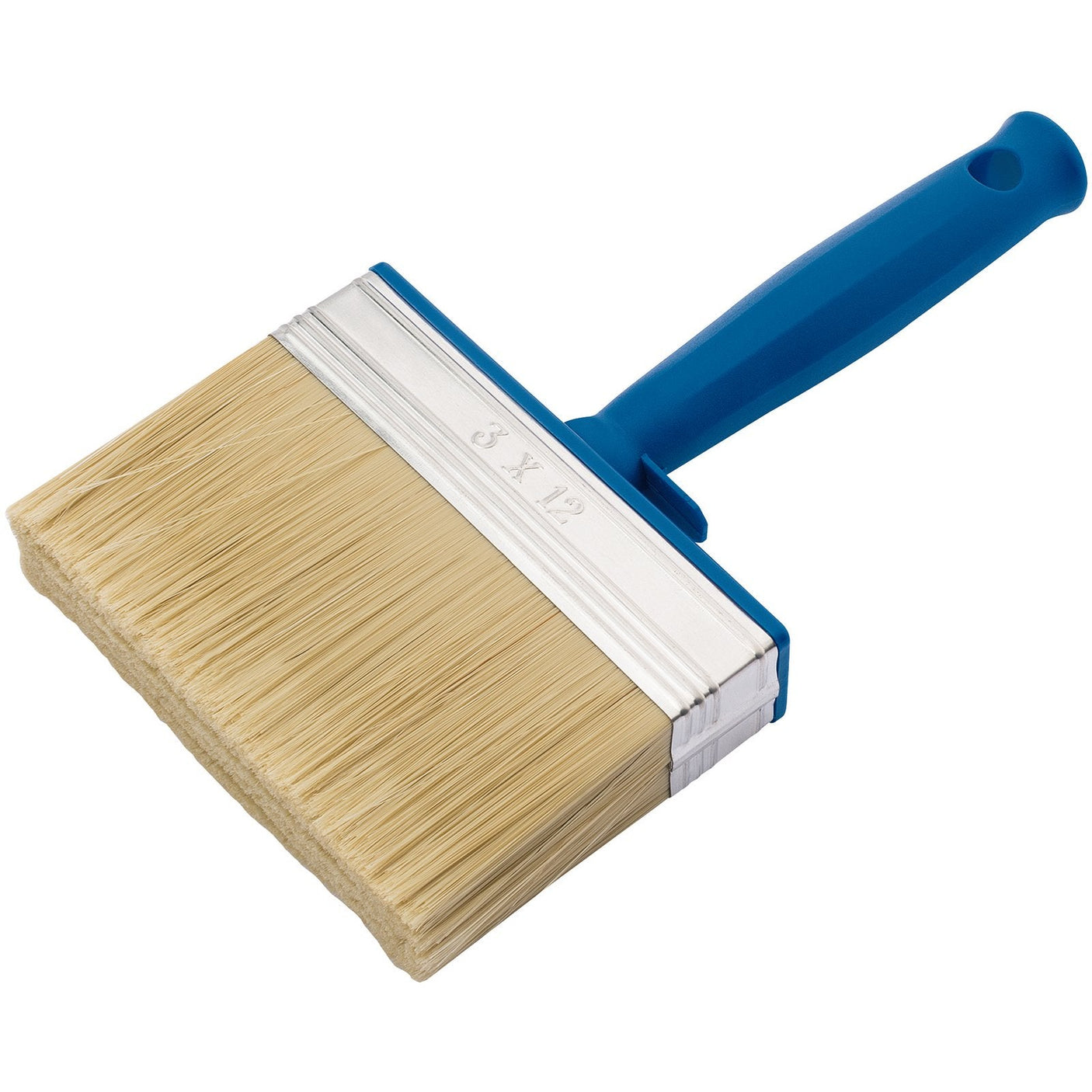 The Draper Block Brush, 115mm - BB/PI features synthetic filaments and light-colored bristles, along with a blue plastic handle marked "3 x 1/2" on the metal ferrule. It is ideal for masonry and wood surfaces.