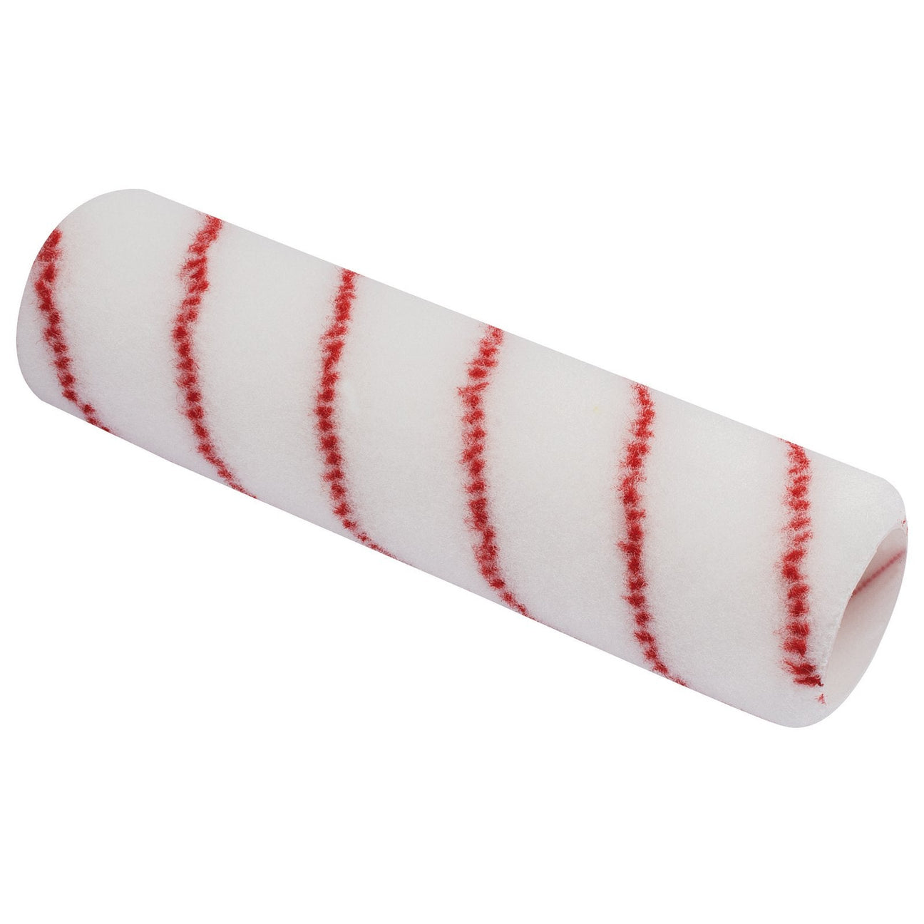 The Draper Short Pile Polyamide Professional Paint Roller Sleeve, measuring 43 x 230mm and featuring red diagonal stripes, is crafted from high-density polyamide fabric and designed for use in painting walls and other surfaces to achieve a smooth finish.