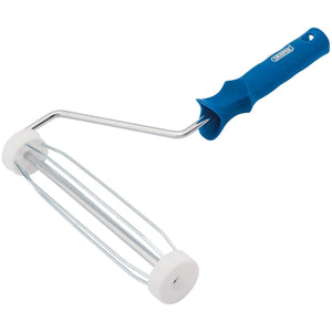 Draper Roller Frame For 43mm Sleeves, 230mm, 9" - RF-C-PP features a blue handle and chrome-plated cage frame for attaching a roller cover, compatible with push-fit sleeves and extension poles.