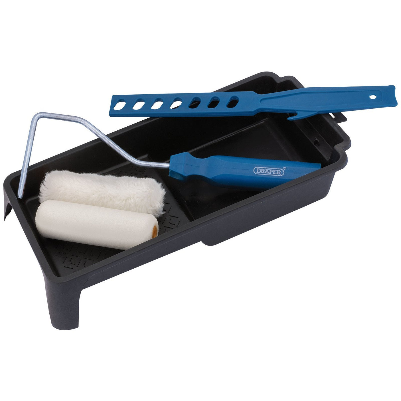 A Draper Paint Roller Kit, 100mm (5 Piece) - RFKM-5, which includes a blue-handled roller with a white synthetic fabric roller cover and a black paint tray.