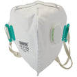 The Draper Ffp2 Nr Vertical Dust Mask (Pack Of 2) - FM-FFP2-FF is a lightweight, disposable mask with green and white straps, an exhalation valve, an adjustable nose clip, and the Draper logo. It's ideal for protection against fine dusts.