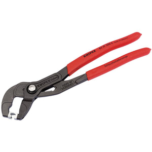 The Draper Knipex 85 51 250C Hose Clamp Pliers for Clic and Clic R hose clamps, measuring 250mm in length, feature red handles and are designed for gripping and working with various materials. This professional quality tool has a metal head with adjustable jaws for versatile use, making it perfect for tasks involving hose clamps or working in confined spaces.