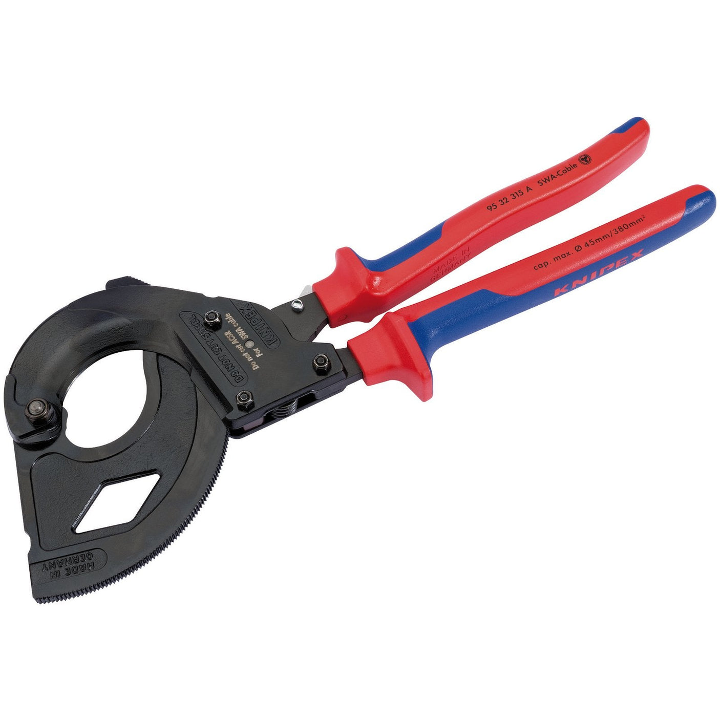 The Draper Knipex 95 32 Ratchet Action Cable Cutter for SWA Cable, featuring red and blue ergonomic handles, a black cutting mechanism, and induction-hardened cutting edges for precise cuts on thick cables. Crafted from high-grade special tool steel for enduring performance.