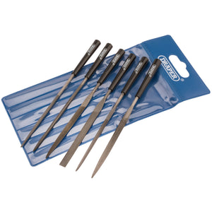 A set of six Draper needle files, each 140mm in length with moulded plastic handles, is neatly arranged in a blue plastic storage wallet labeled "Draper".