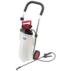 Image of the Draper Epdm Trolley Pump Sprayer, 15L - EWS-12-EPDM by Draper, featuring a white tank with a black handle and red accents, including a red pump handle and red wheels. It boasts durable EPDM seals and a high-performance pump. A long spraying wand is affixed to the sprayer via a black hose.