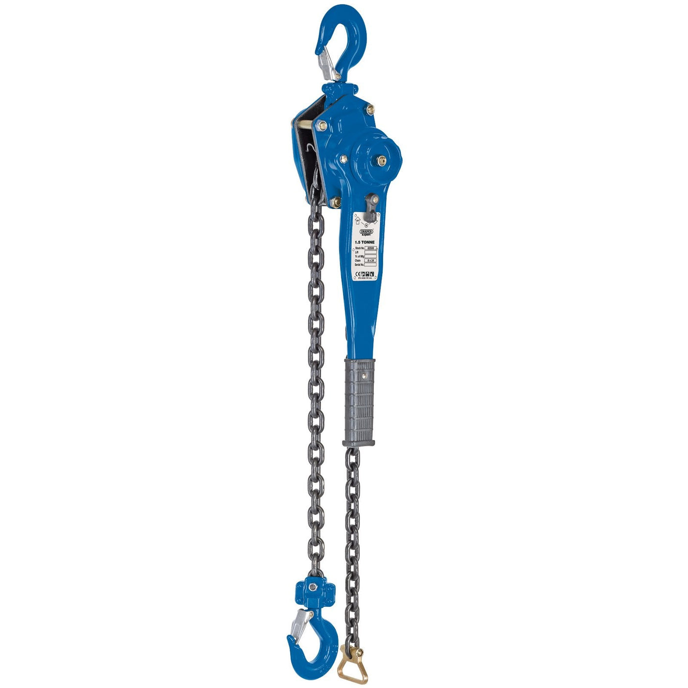 The Draper Chain Lever Hoist, 1.5 Tonne - LH1500C, by Draper is a blue lever chain hoist featuring a long chain and two hooks—one at the top and one at the bottom. It is designed for lifting heavy objects with load braking and a totally enclosed pinion gear.