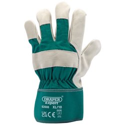 A pair of "Draper Expert Premium Leather Gardening Gloves, Extra Large - PGRGL/B" in green and white features abrasion resistance, with size details and safety certifications printed on the cuff. These gloves are an example of Expert Quality craftsmanship.