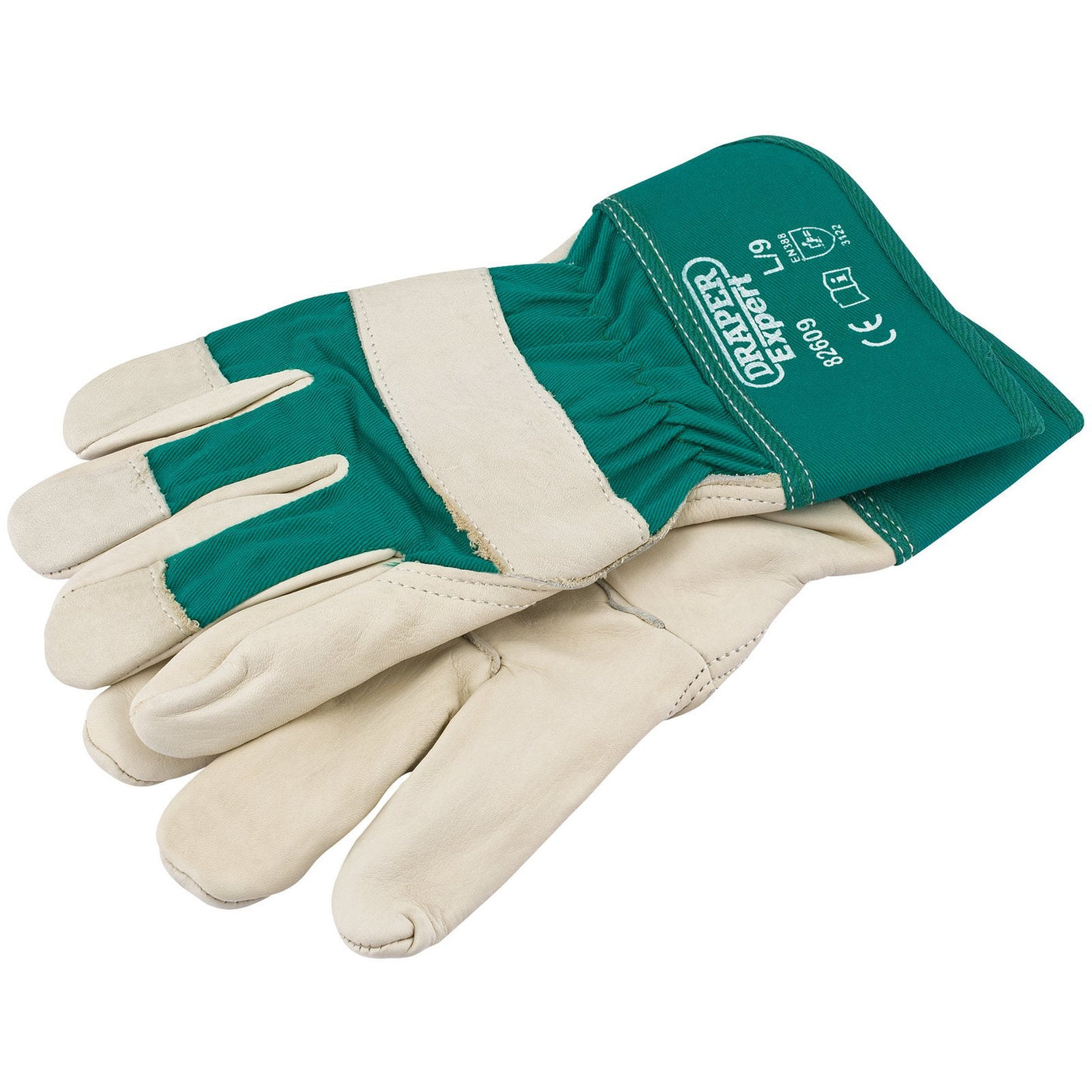 A pair of green and beige Draper Premium Leather Gardening Gloves, large size (PGRGL/B), featuring reinforced palms and fingers. Branded "Draper" with safety certifications on the cuffs, these gloves offer abrasion resistance and include a fleece inner lining for enhanced comfort during prolonged use.