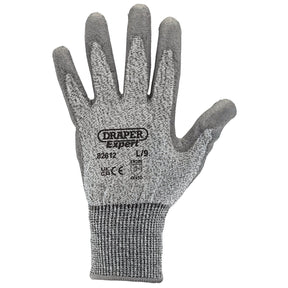 A large Draper Expert Level 5 Cut Resistant Glove with visible labels and safety certifications, including BS EN388, on the palm. The grey glove is crafted by Draper from cut-resistant fibre for enhanced protection.