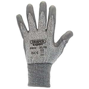 A grey, cut-resistant glove made of specialized fiber, branded "Draper," with various BS EN388 Specifications printed on the back, named Draper Level 5 Cut Resistant Gloves, Extra Large - CRG.