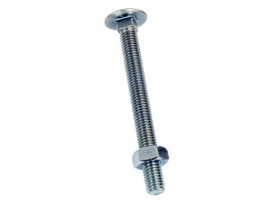 A Sparex Metric Carriage Bolt and Nut, M8x150mm (DIN 601/934), featuring a zinc-plated round head and hex nut on the threads, positioned diagonally against a plain white background. This Grade 4.6 bolt showcases durability and reliability in its design.