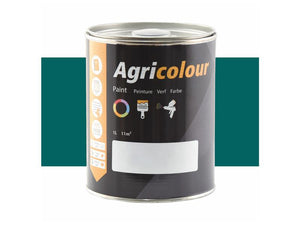 A one-liter tin of Sparex Paint - Agricolour in green gloss is displayed against a green rectangle. The label lists the paint's coverage as 11m² and includes graphics for applications, making it perfect for the agricultural sector (Sparex Part Number: S.82621).