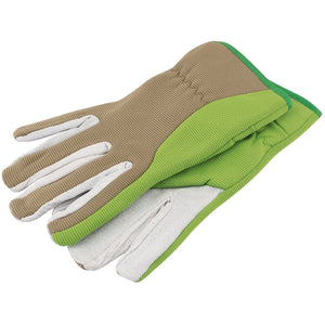 The Draper Expert Medium Duty Gardening Gloves, L - GGMD, feature a green and beige design with reinforced white fingertips. Crafted from pig split leather for enhanced abrasion resistance, they are laid flat against a white background.