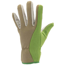 A Draper Expert Medium Duty Gardening Glove, XL - GGMD, featuring green and beige pig split leather for enhanced abrasion resistance, is displayed upright on a white background.