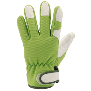 The Draper Expert Heavy Duty Gardening Gloves, XL - GGHD are shown. These green and white gloves feature reinforced padding and an adjustable Velcro strap. Made from pig split leather, they offer exceptional abrasion and puncture resistance. The glove is positioned palm side up.