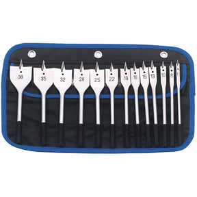 The Draper Flat Wood Bit Set (13 Piece) - FB/13B features a range of Carbon tool steel spade drill bits in sizes from 6mm to 38mm, all neatly organized in a black and blue fabric storage pouch. This set is an excellent accessory for power drills, ideal for precision tasks.