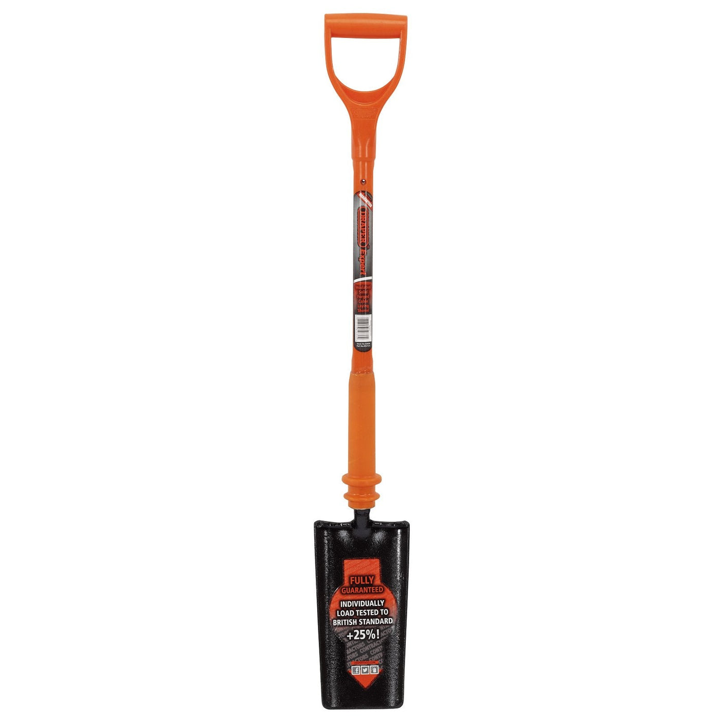 The Draper Expert Fully Insulated Contractors Cable Laying Shovel - INS/CLS, featuring an orange handle and a black steel blade, is fully insulated to meet BS 8020 standards. It comes with a label on the handle indicating it is a fully assembled, heavy-duty contractor-grade tool.