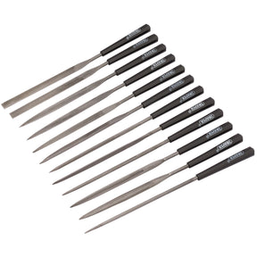 The Draper Needle File Set, 140mm (12 Piece) - 4884/12D from Draper includes twelve metal files with moulded plastic handles, all neatly display packed and arranged parallel to each other, each file featuring a different shape and size.