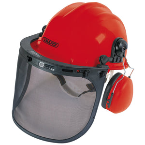 The Draper Forestry Helmet - CSH/TA by Draper is a red safety helmet with an ABS durable shell, featuring a black mesh face shield and orange noise protection ear defenders.