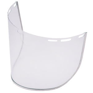 Draper Spare Faceshield Visor - AFS8/A: This clear, curved plastic face shield features several attachment slots along the top edge. No additional product description is provided.