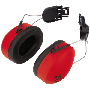 The Draper Helmet Attachable Ear Defenders - ED2/A feature a red and black design with a metal and plastic attachment mechanism, perfect for mounting onto protective helmets to offer effective ear defense in high noise environments.