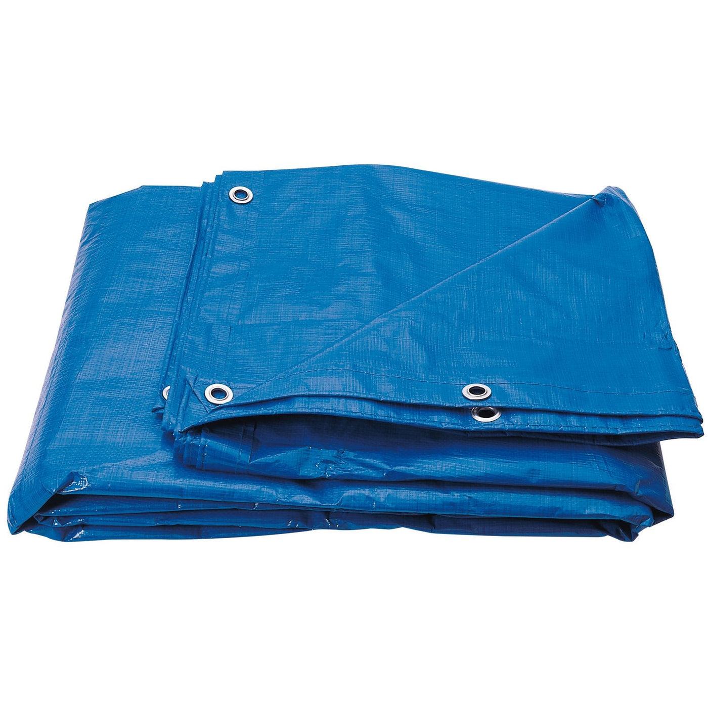 A Draper Polyethylene Tarpaulin, 3 X 5M - TAR/2A, made of durable PE material and featuring metal grommets, is laid flat against a white background.