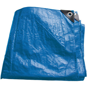 The Draper Heavy Duty Polyethylene Tarpaulin, 5 x 8m - TAR/HD3 is crafted from mildew-resistant PE material and features reinforced edges along with aluminum eyelets for secure placement.